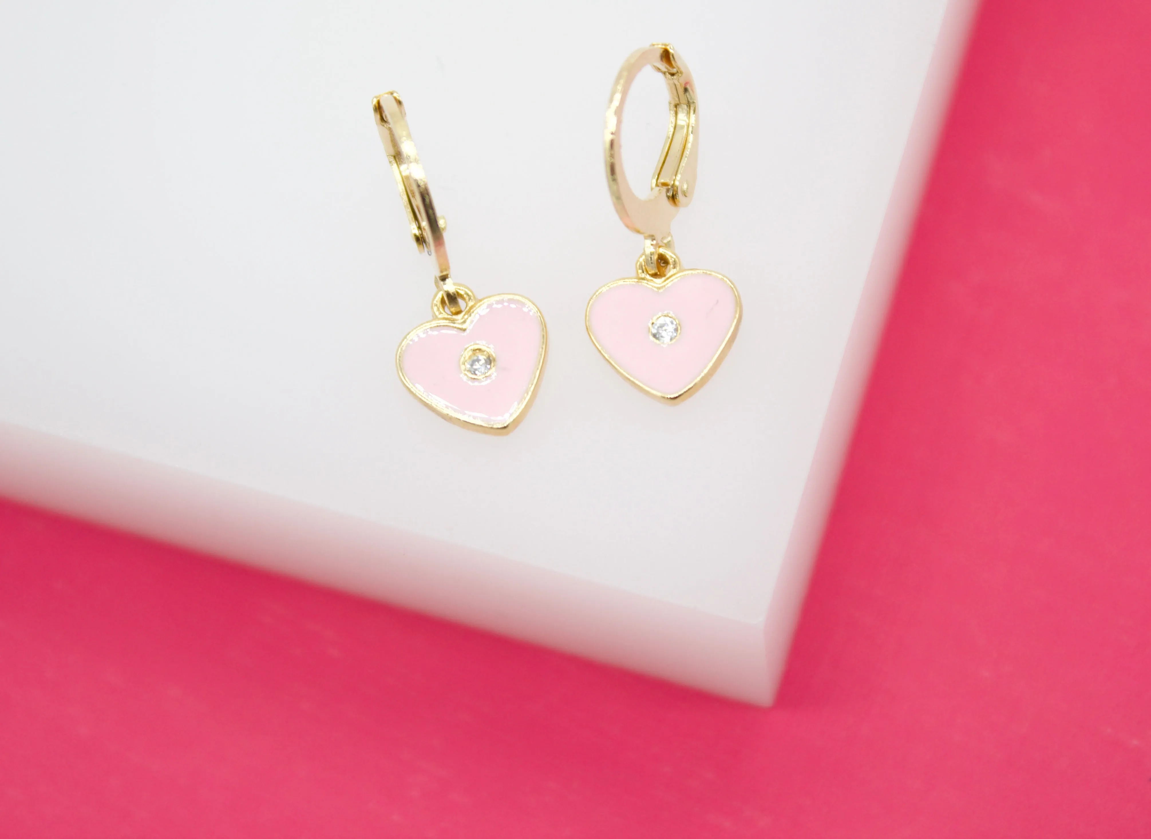 18K Gold Filled Heart Huggies Earrings With CZ Stone (L162)