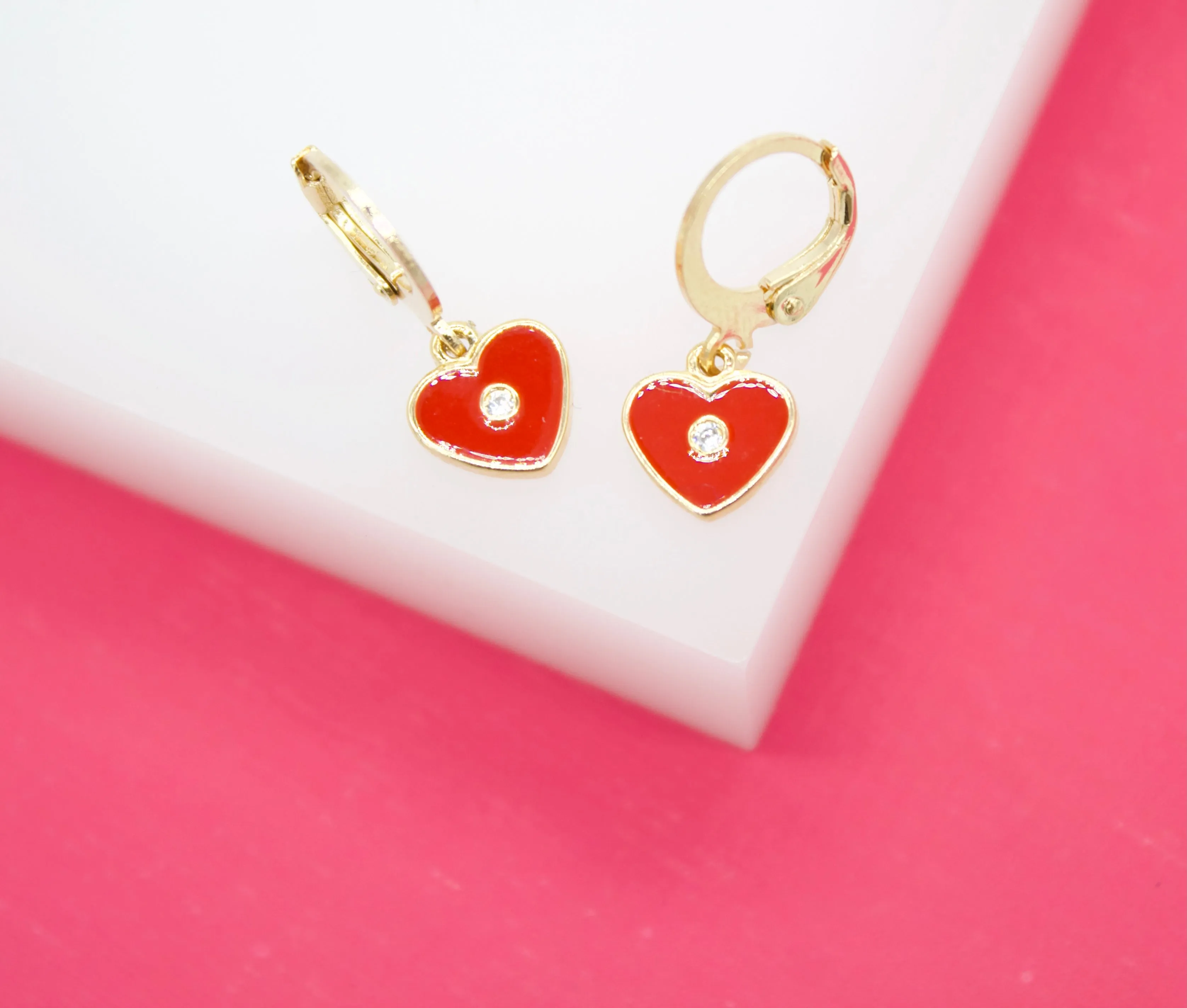 18K Gold Filled Heart Huggies Earrings With CZ Stone (L162)