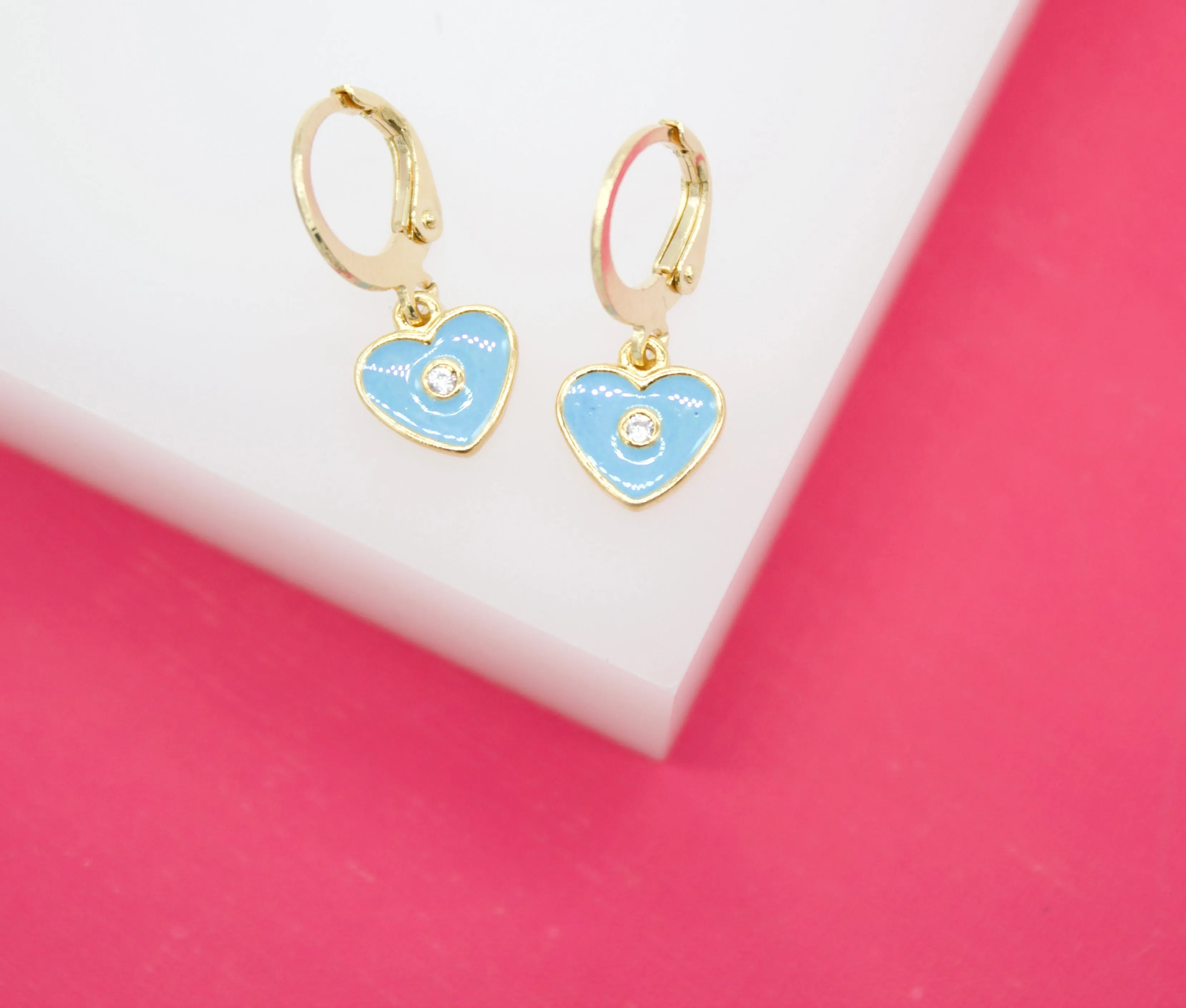 18K Gold Filled Heart Huggies Earrings With CZ Stone (L162)