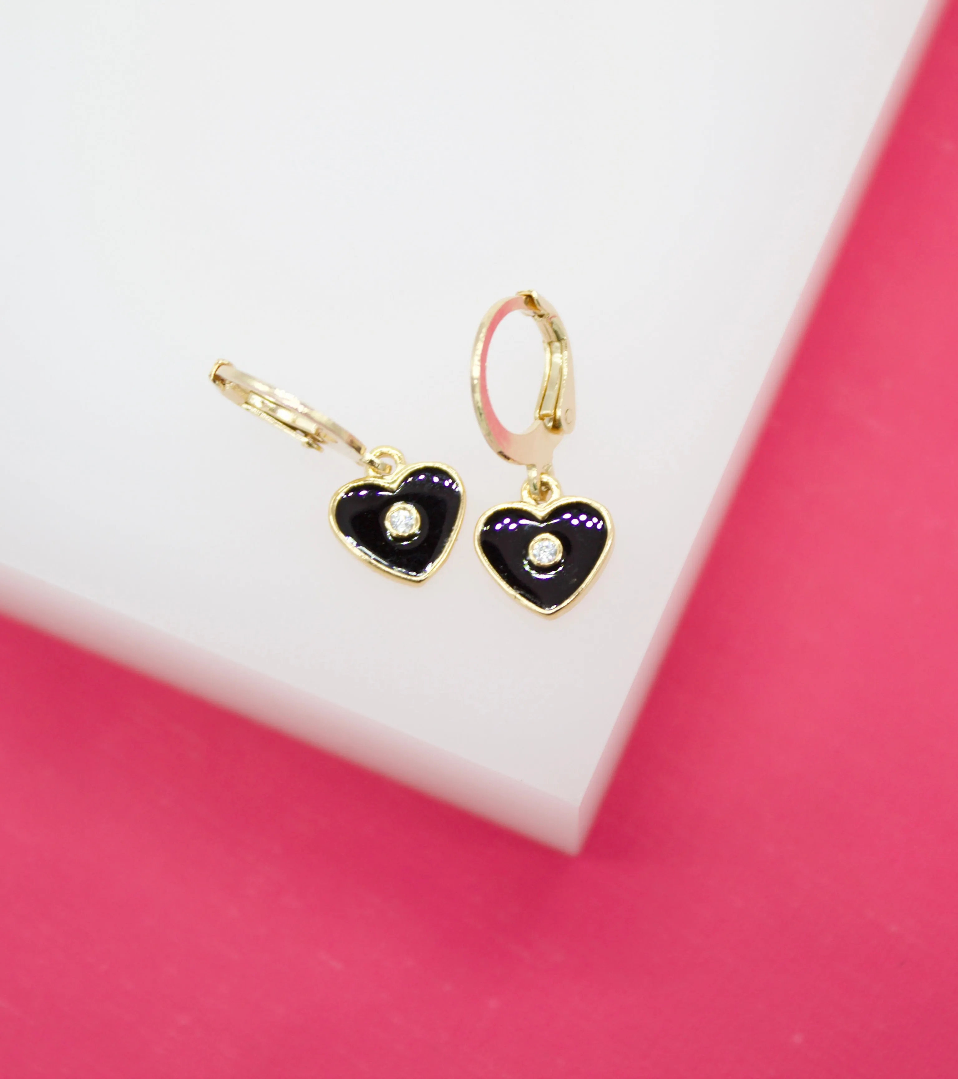 18K Gold Filled Heart Huggies Earrings With CZ Stone (L162)