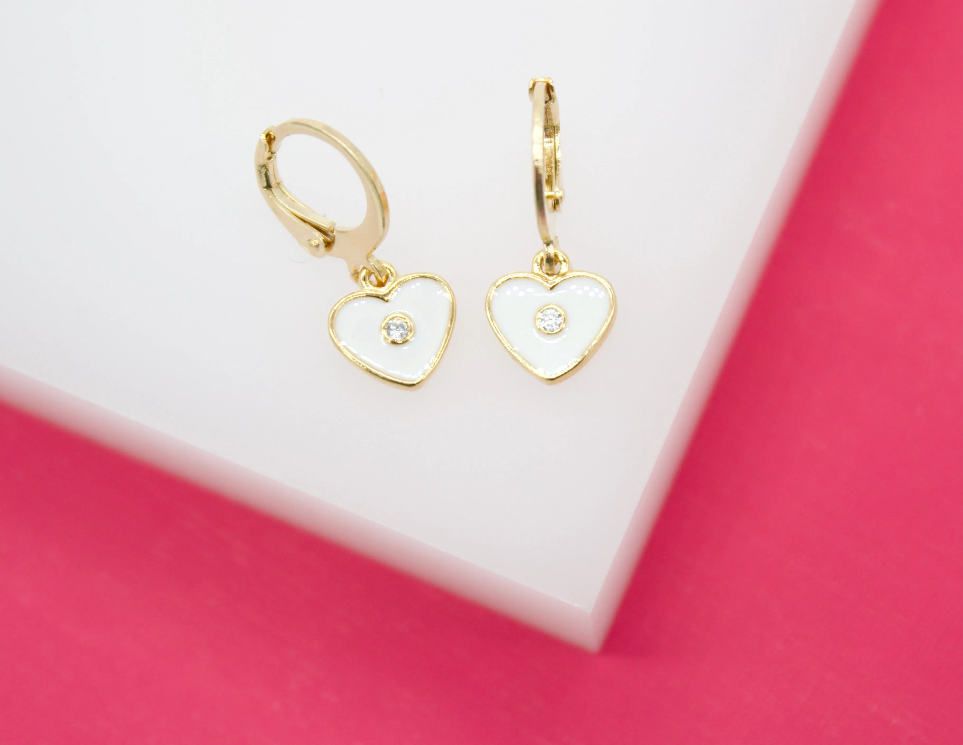 18K Gold Filled Heart Huggies Earrings With CZ Stone (L162)