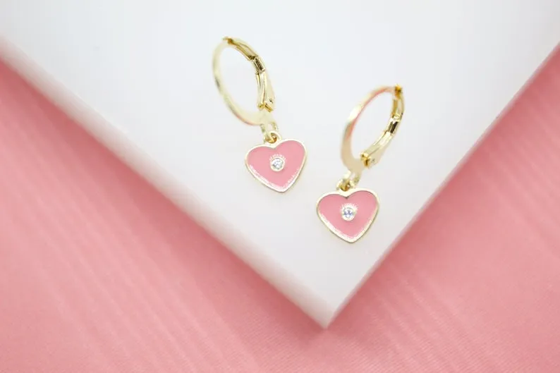 18K Gold Filled Heart Huggies Earrings With CZ Stone (L162)