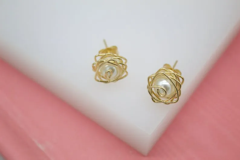 18K Gold Filled Pearl Stud Earrings With Golden Wraps (L128)