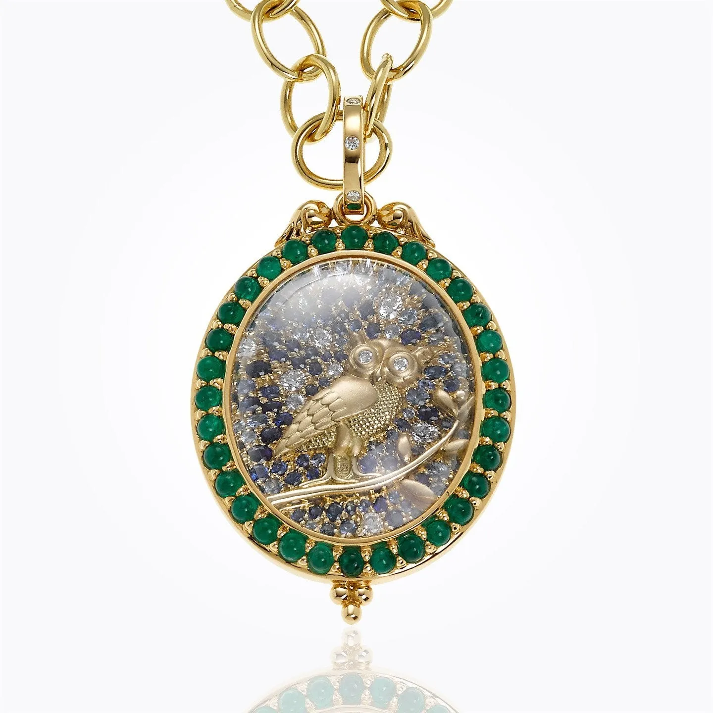 18K Night Owl Pendant with emerald, blue sapphire and diamond