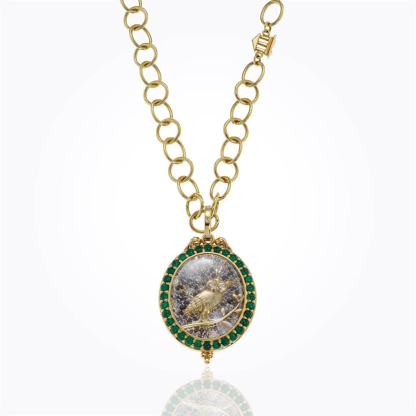 18K Night Owl Pendant with emerald, blue sapphire and diamond