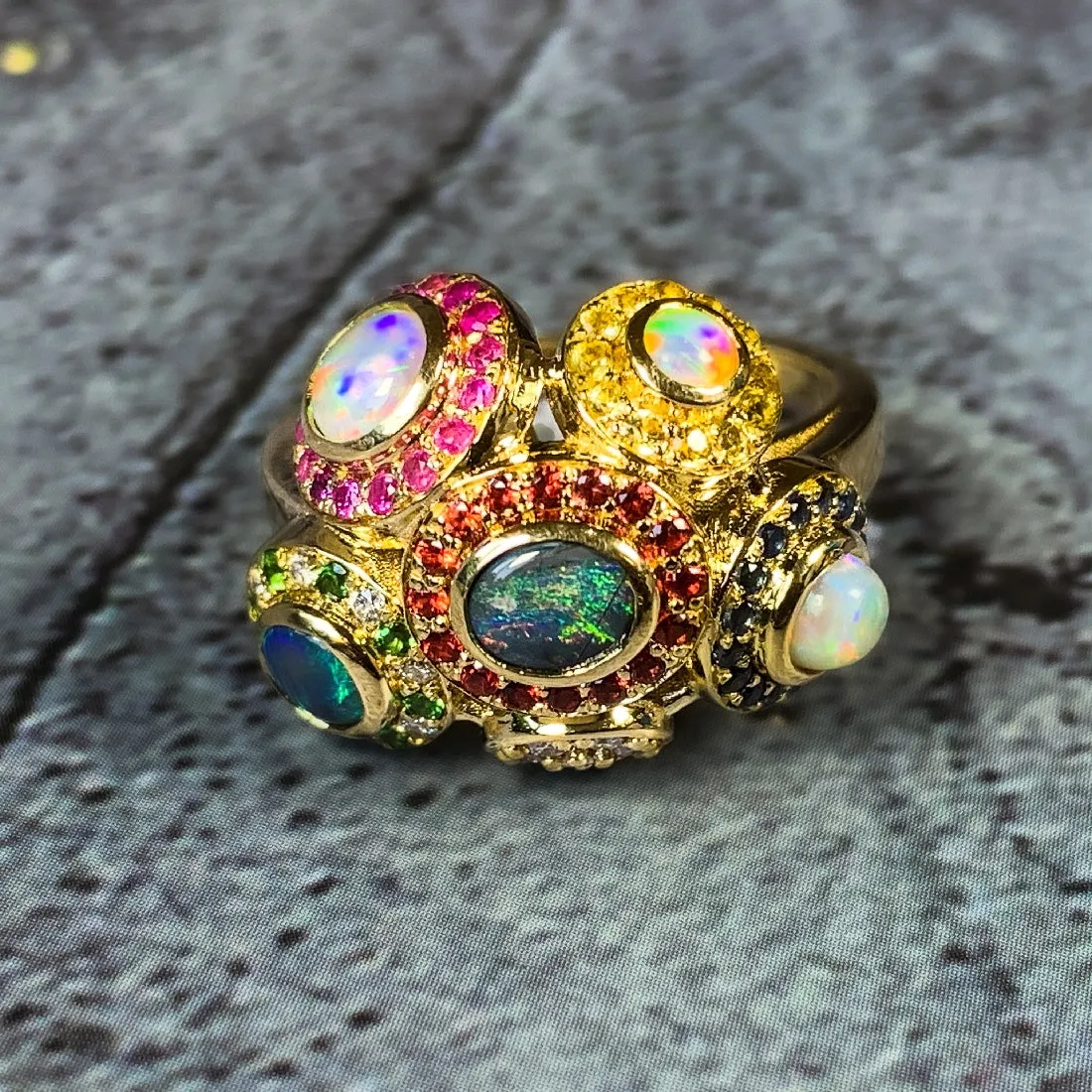 18kt Yellow Gold designer "New Year Sydney Fireworks" cluster ring with multi colour Opals, Diamonds, Sapphires and Rubies