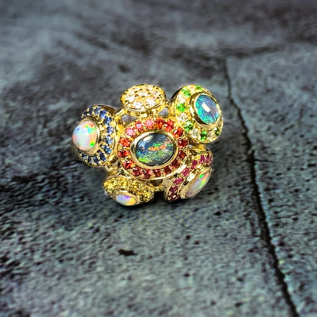 18kt Yellow Gold designer "New Year Sydney Fireworks" cluster ring with multi colour Opals, Diamonds, Sapphires and Rubies