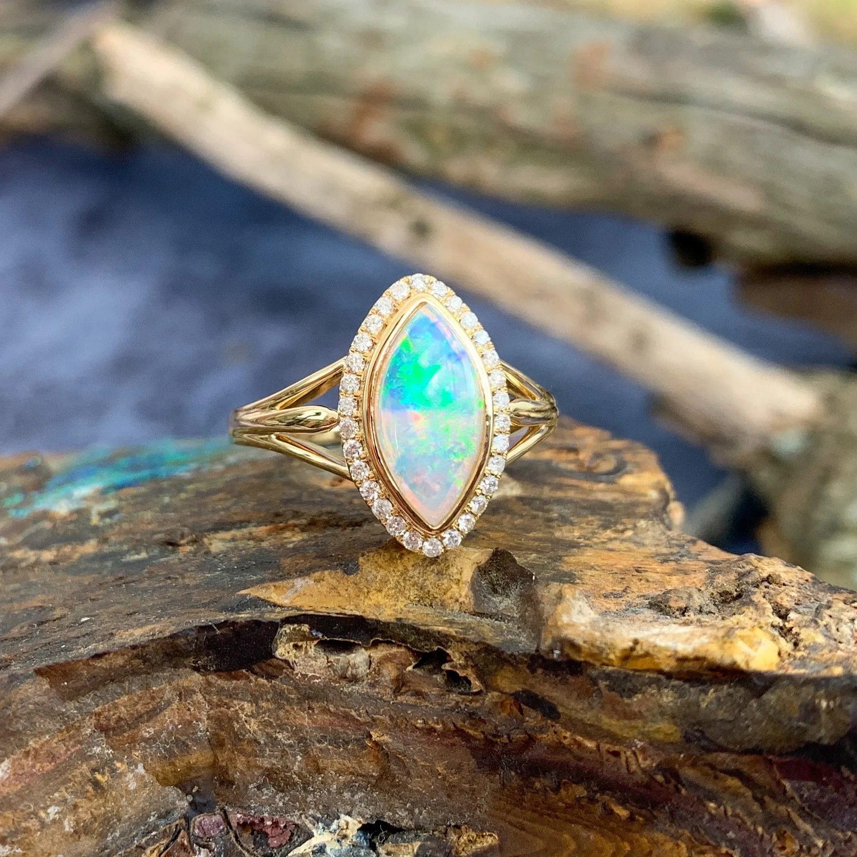 18kt Yellow Gold marquise Light Opal halo Opal engagement ring