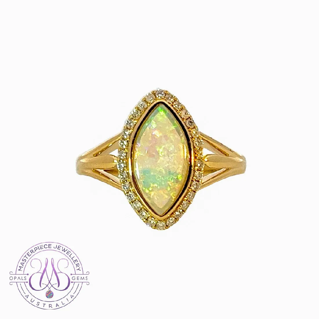 18kt Yellow Gold marquise Light Opal halo Opal engagement ring