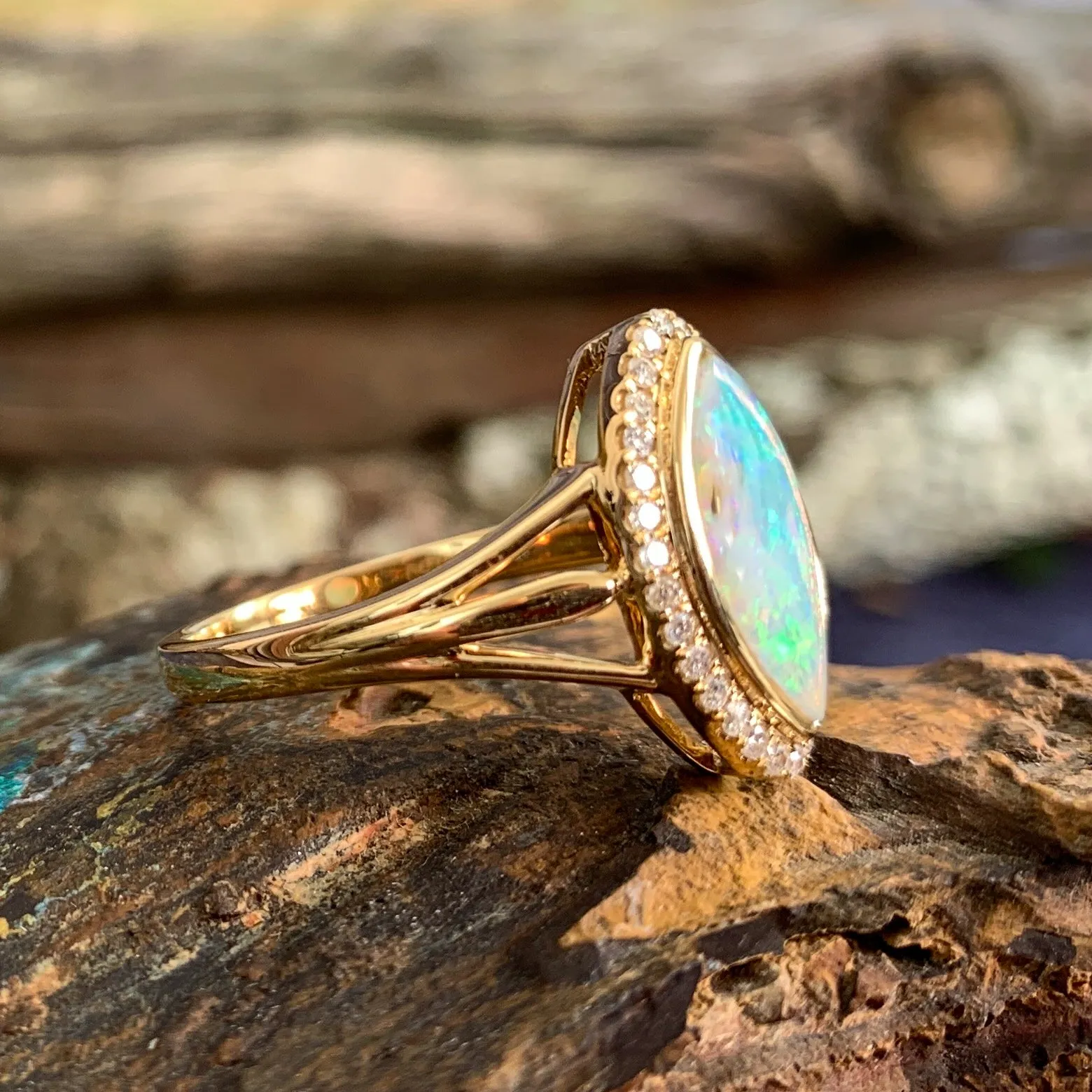 18kt Yellow Gold marquise Light Opal halo Opal engagement ring