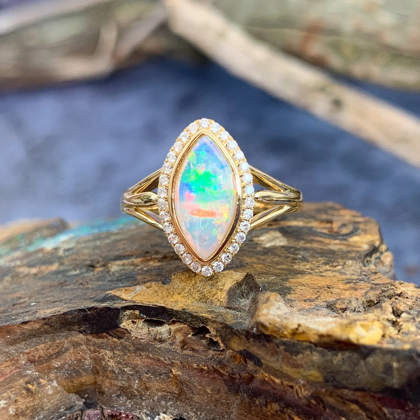 18kt Yellow Gold marquise Light Opal halo Opal engagement ring