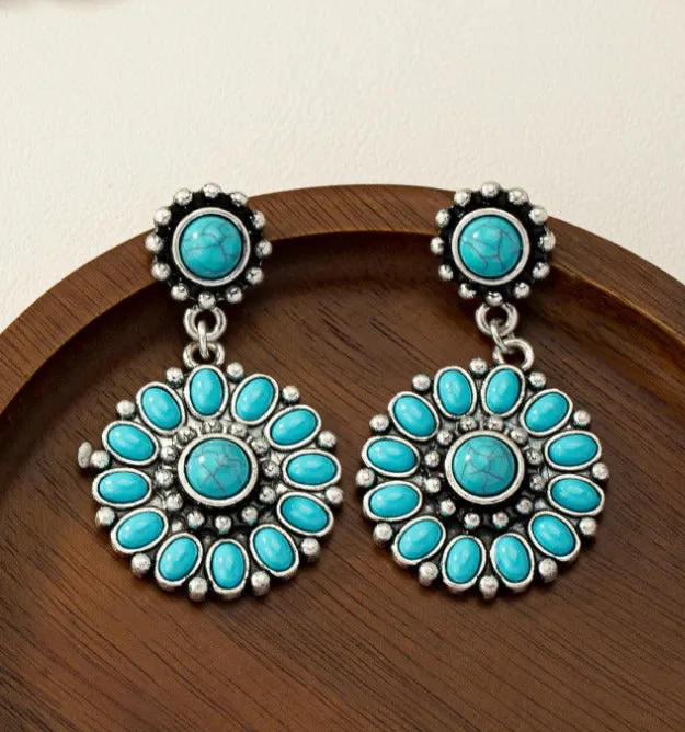 1pair Fashionable Western Style Blue Acrylic & Antique Drop Earrings For Women