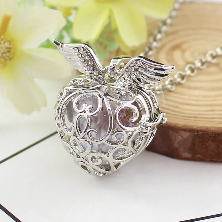 1PC Angel Wing Hollow Cage Locket Pendant with glass ball Memory Locket Pendant Cremation Jewelry Fillable Jewelry