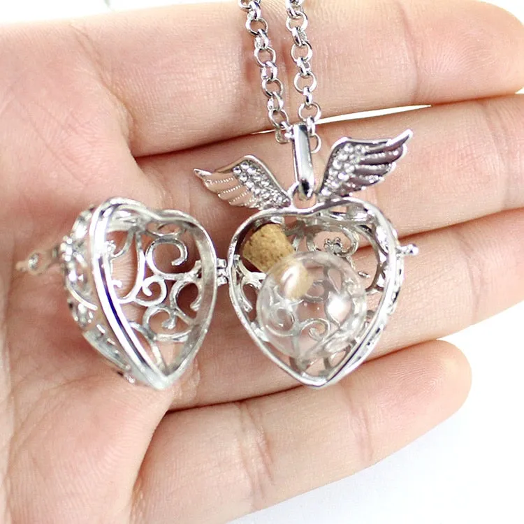 1PC Angel Wing Hollow Cage Locket Pendant with glass ball Memory Locket Pendant Cremation Jewelry Fillable Jewelry