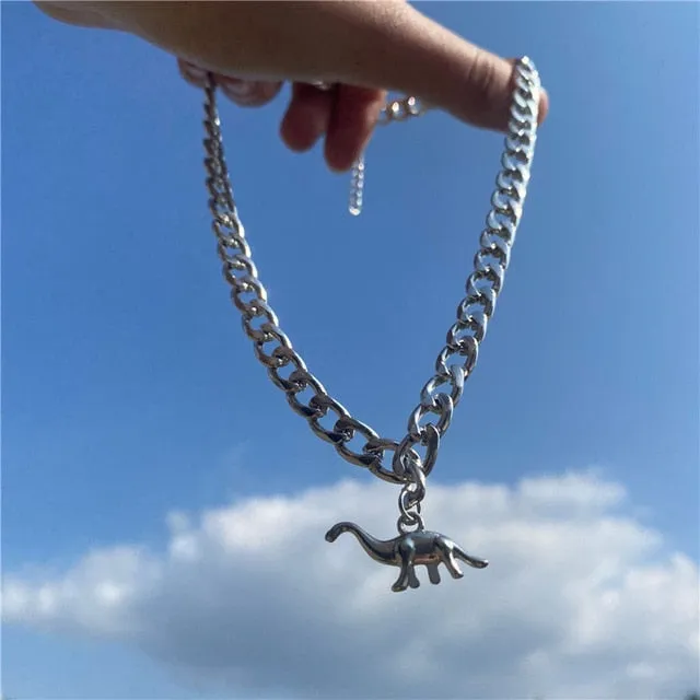 2021 Vintage Harajuku Goth Punk Metal Dinosaur Shape Pendant Chain Choker Necklace For Women Egirl Cool Hip Hop Trendy Jewelry