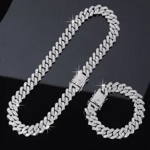 2pcs/set Mosaic Rhinestone Punk Rock Necklace and Bracelet Set - Silver Plated Hip Hop Jewelry for Men and Women with Alloy Construction and Trendy Style