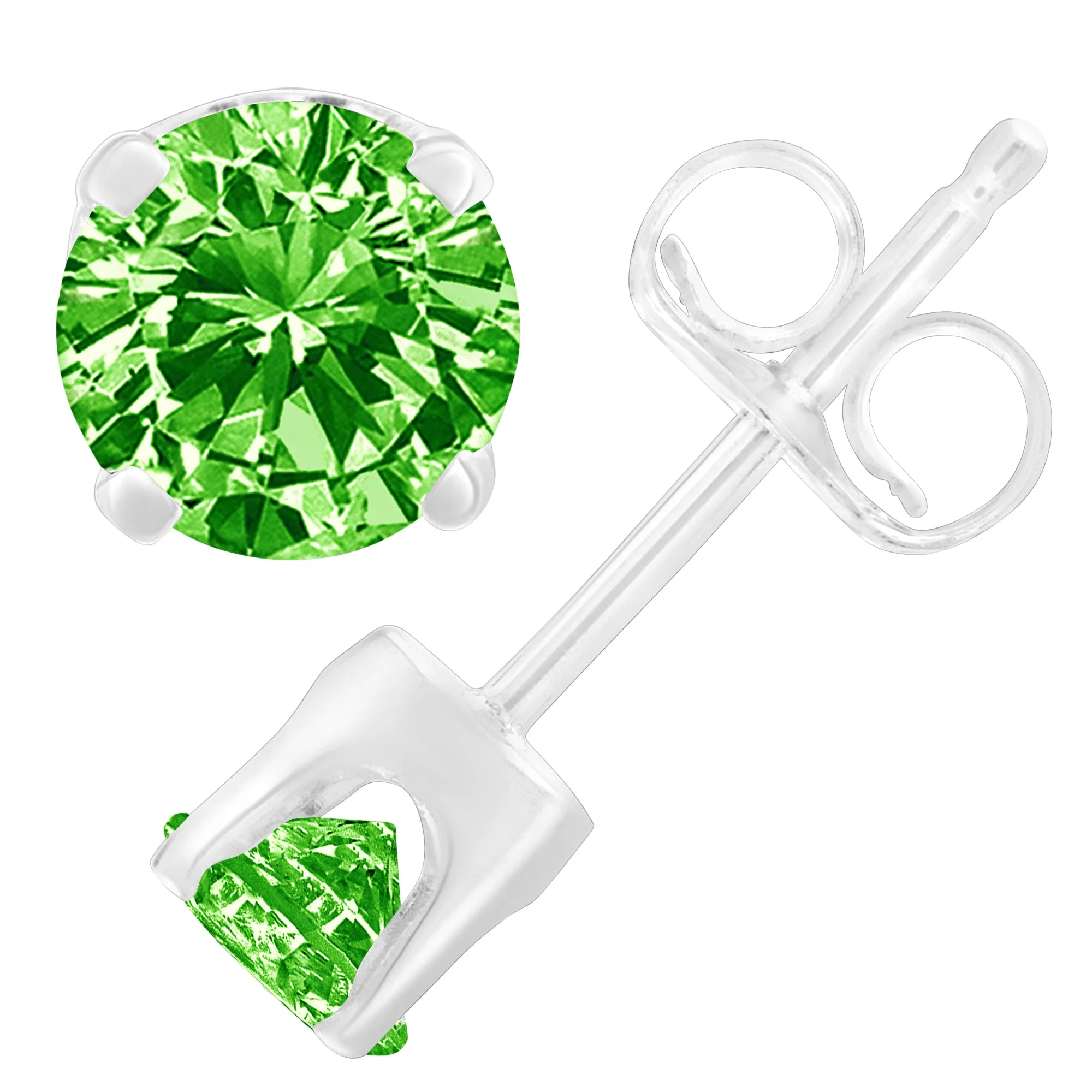 .925 Sterling Silver 1/5 Cttw Round Brilliant-Cut Green Diamond Classic 4-Prong Stud Earrings