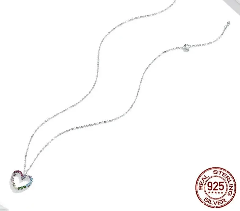 925 Sterling Silver Rainbow Heart CZ Necklace