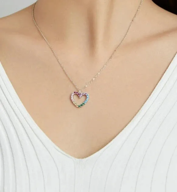 925 Sterling Silver Rainbow Heart CZ Necklace