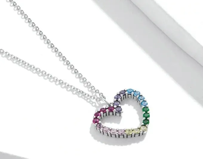 925 Sterling Silver Rainbow Heart CZ Necklace