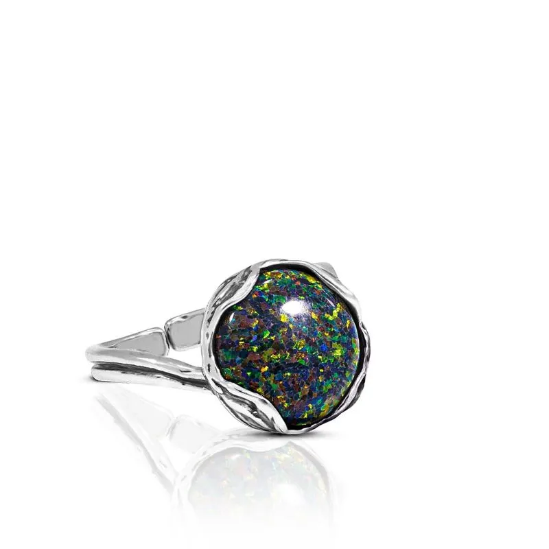 925 Sterling Silver Round Black Opal 12mm Ring