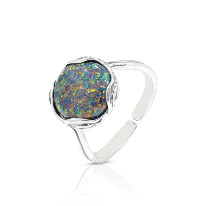 925 Sterling Silver Round Black Opal 12mm Ring