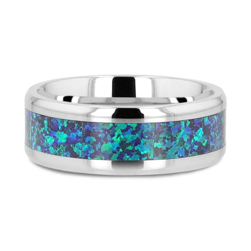 ANDROMEDA Titanium Polished Beveled Edge Ring with Blue Green Opal Inlay - 8mm