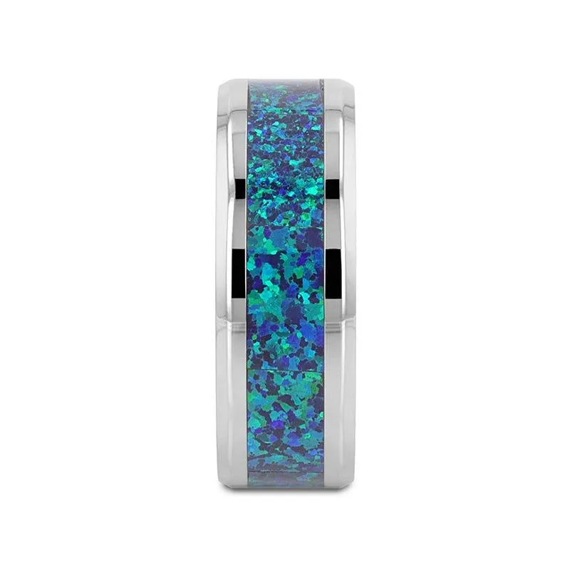 ANDROMEDA Titanium Polished Beveled Edge Ring with Blue Green Opal Inlay - 8mm