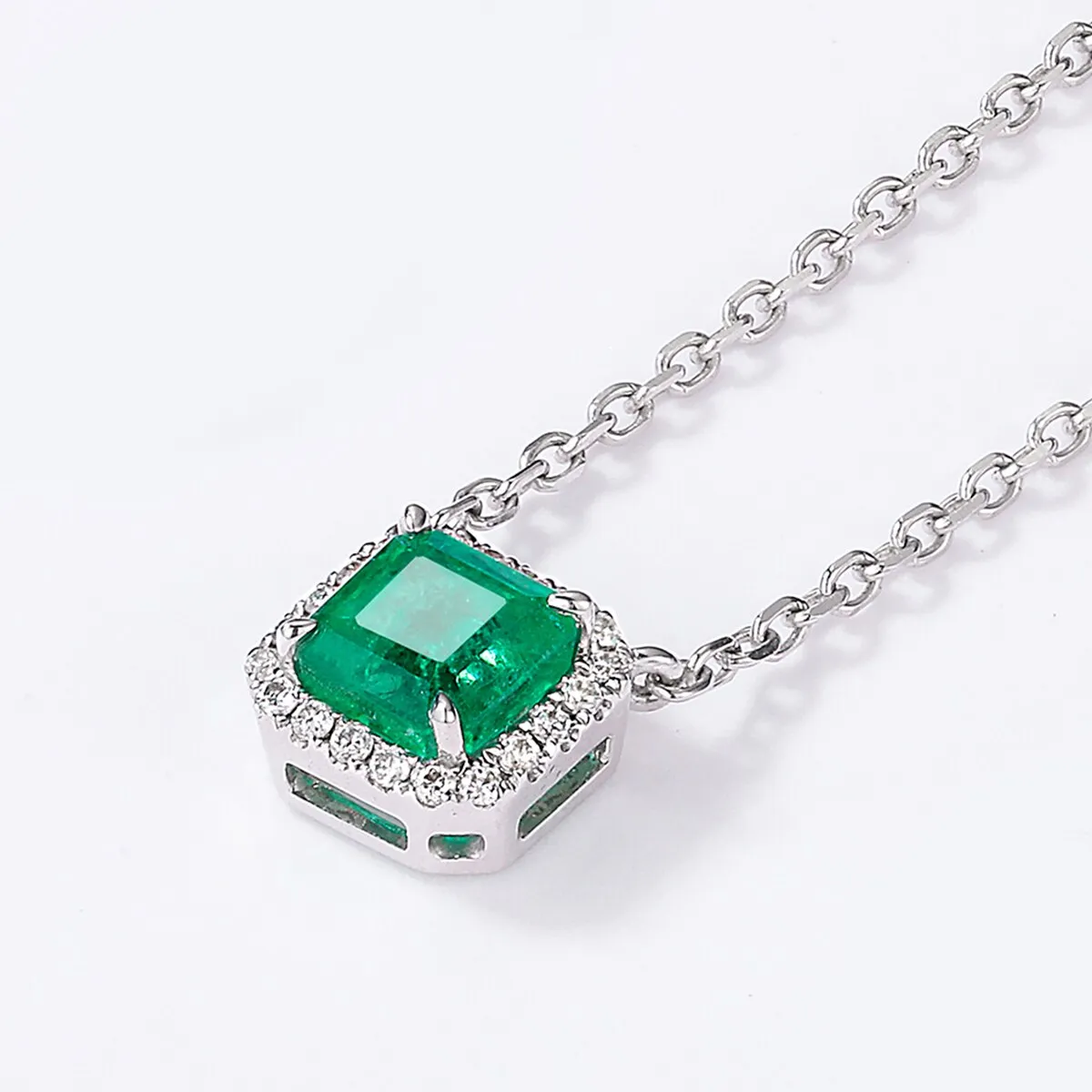 ANLLNOEL 18K 750 White Gold Pendant Necklace For Women Natural 4.3*4.3mm Emerald Diamond Luxury Anniversary Gifts Fine Jewelry