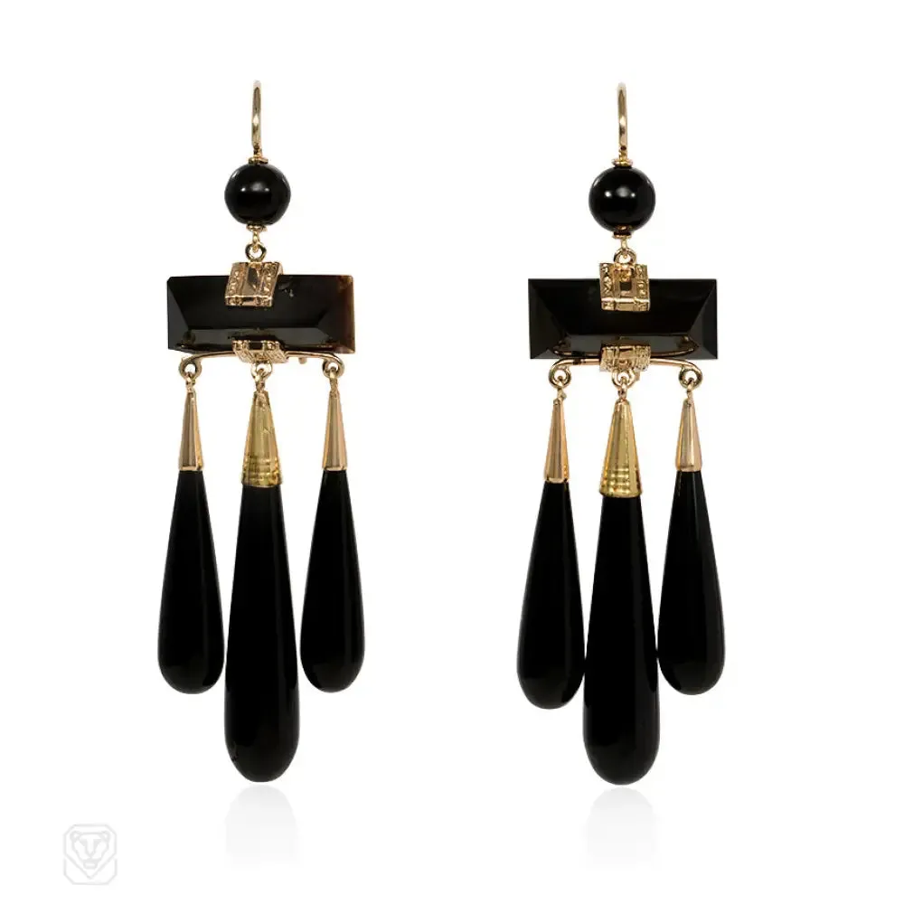 Antique teardrop onyx and gold pendant earrings