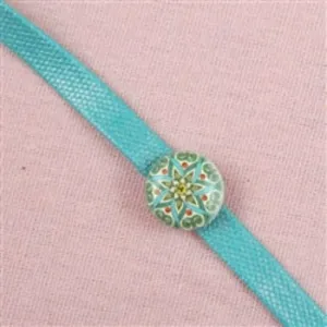 Aqua Ribbon Choker Necklace  Floral Bead Accent