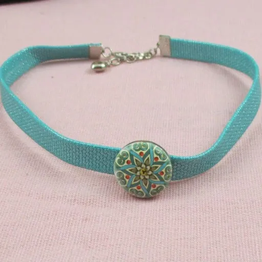 Aqua Ribbon Choker Necklace  Floral Bead Accent