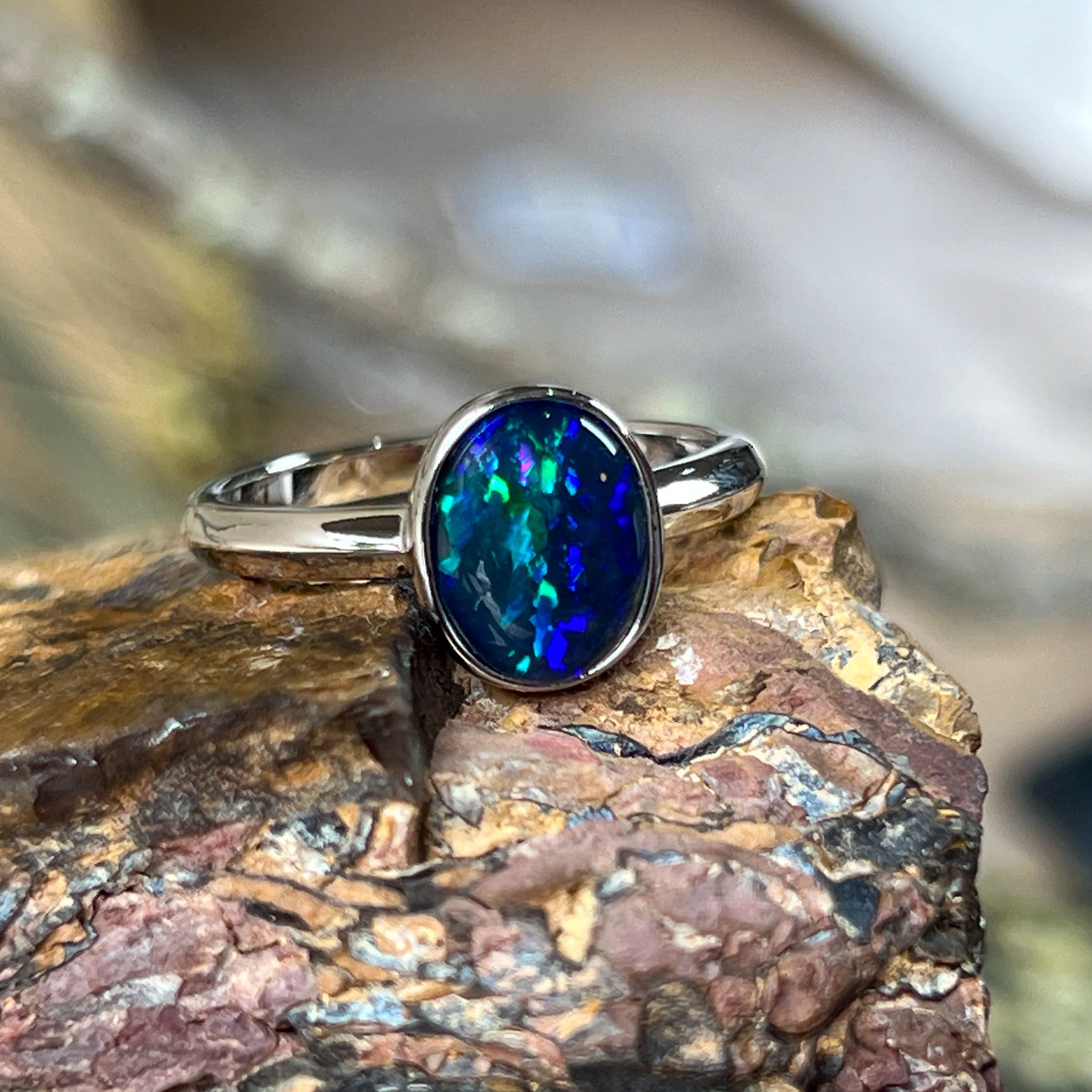 Bezel Solitaire Triplet Opal Ring - Sterling Silver - Dainty Women's Blue, Silver & Gold Opal Jewelry 9x7mm