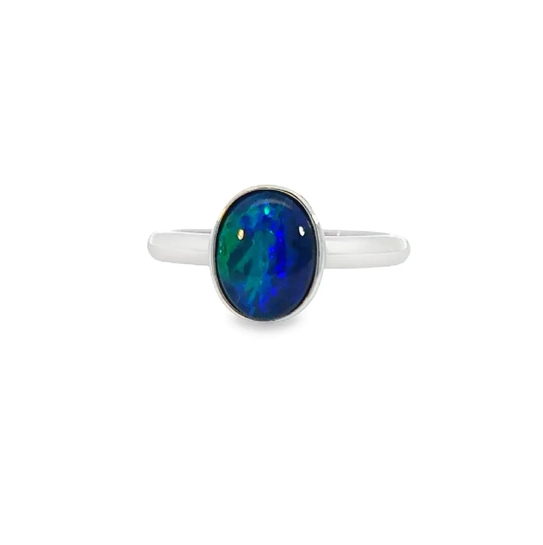 Bezel Solitaire Triplet Opal Ring - Sterling Silver - Dainty Women's Blue, Silver & Gold Opal Jewelry 9x7mm