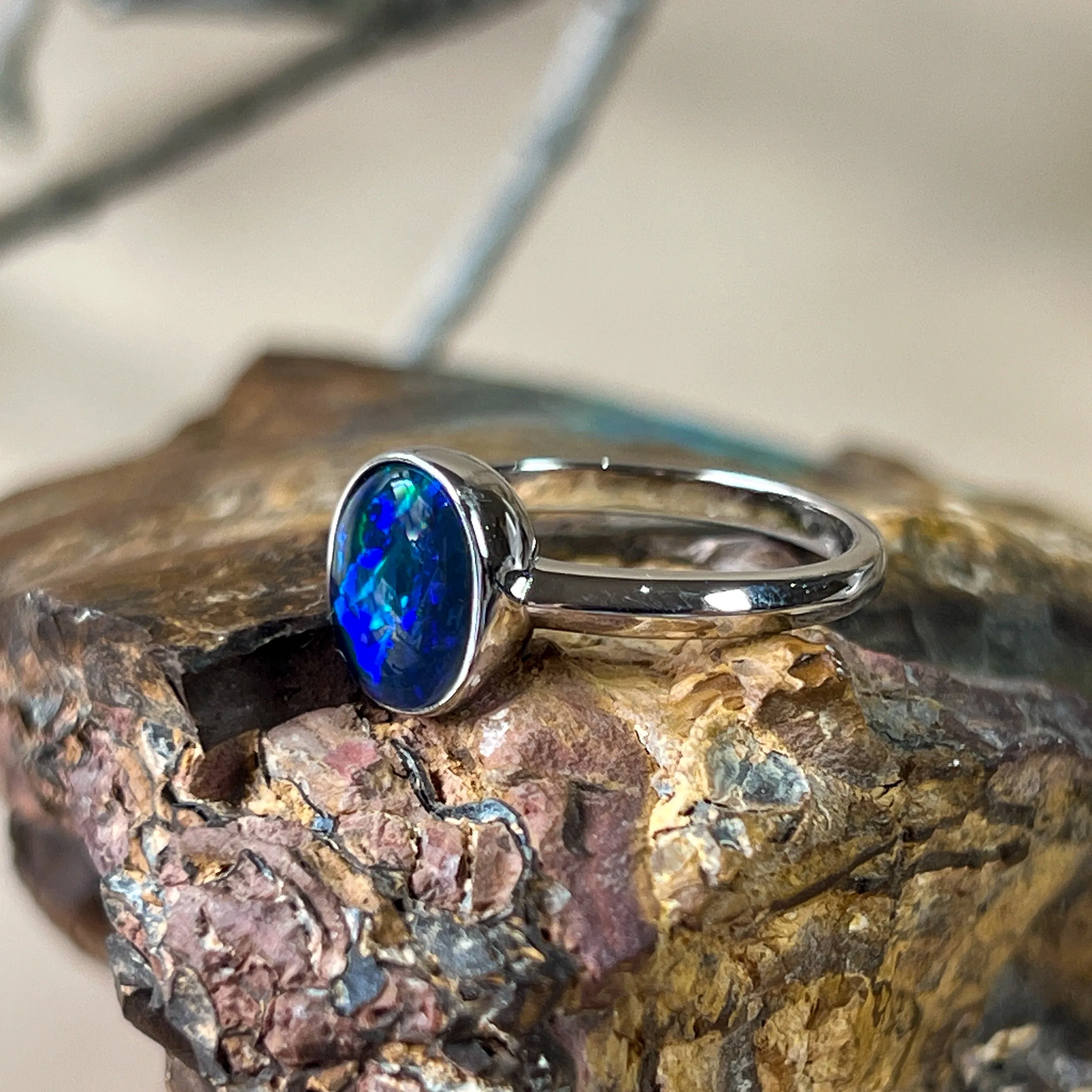 Bezel Solitaire Triplet Opal Ring - Sterling Silver - Dainty Women's Blue, Silver & Gold Opal Jewelry 9x7mm