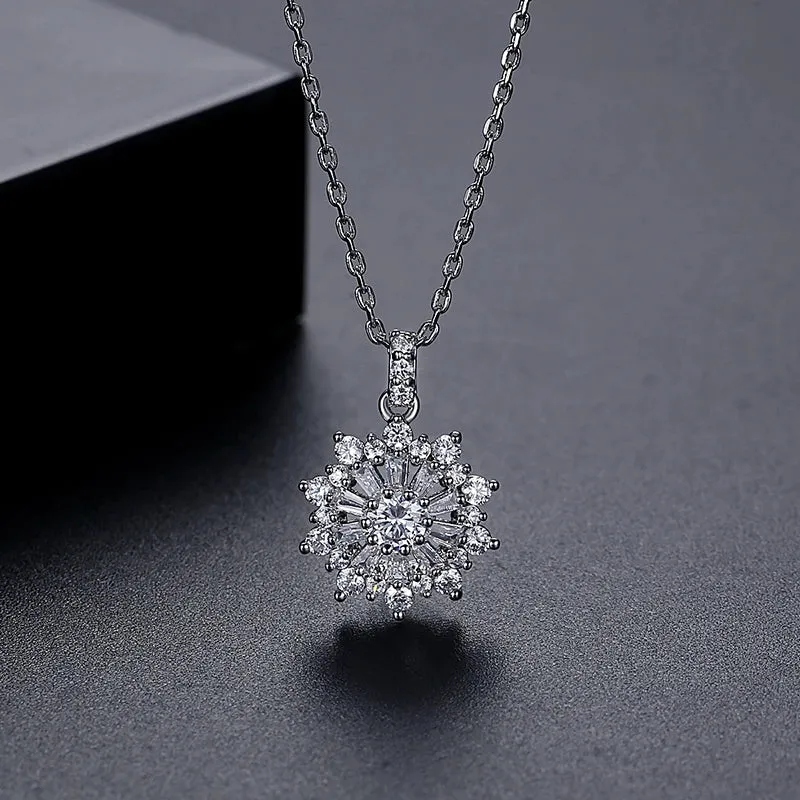 Big Flower CZ Pendant Chain Necklace