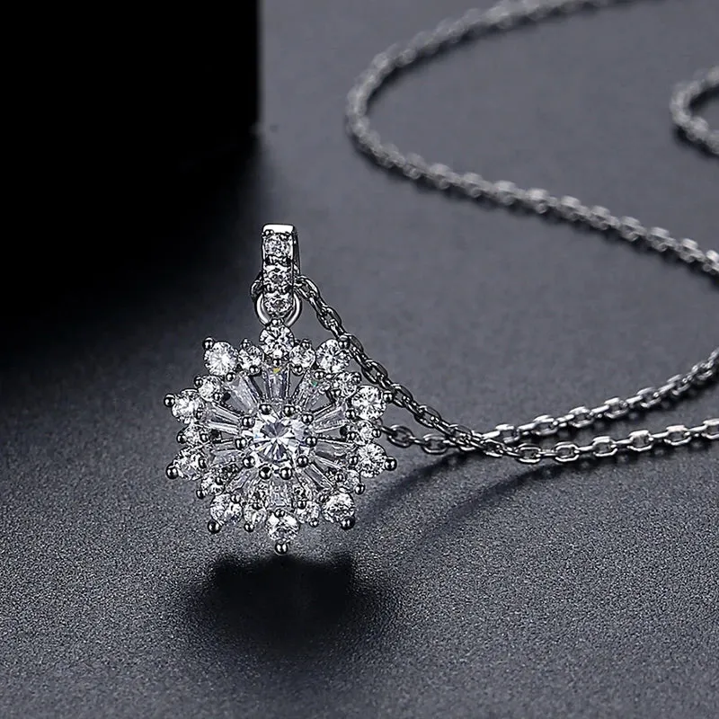 Big Flower CZ Pendant Chain Necklace