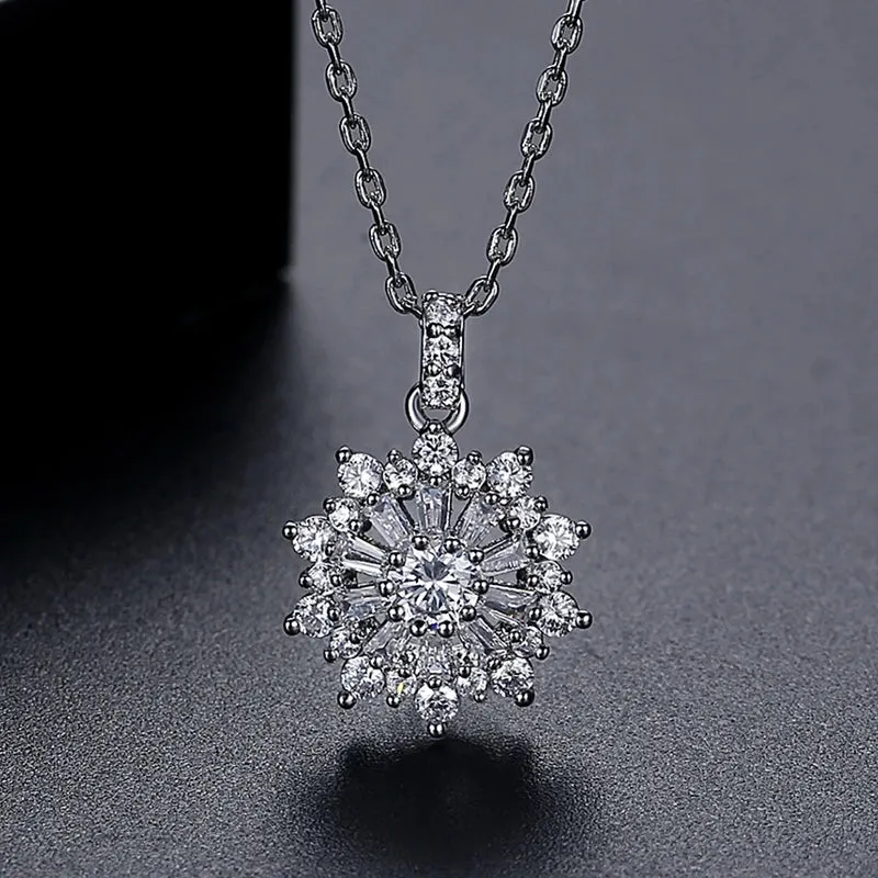 Big Flower CZ Pendant Chain Necklace