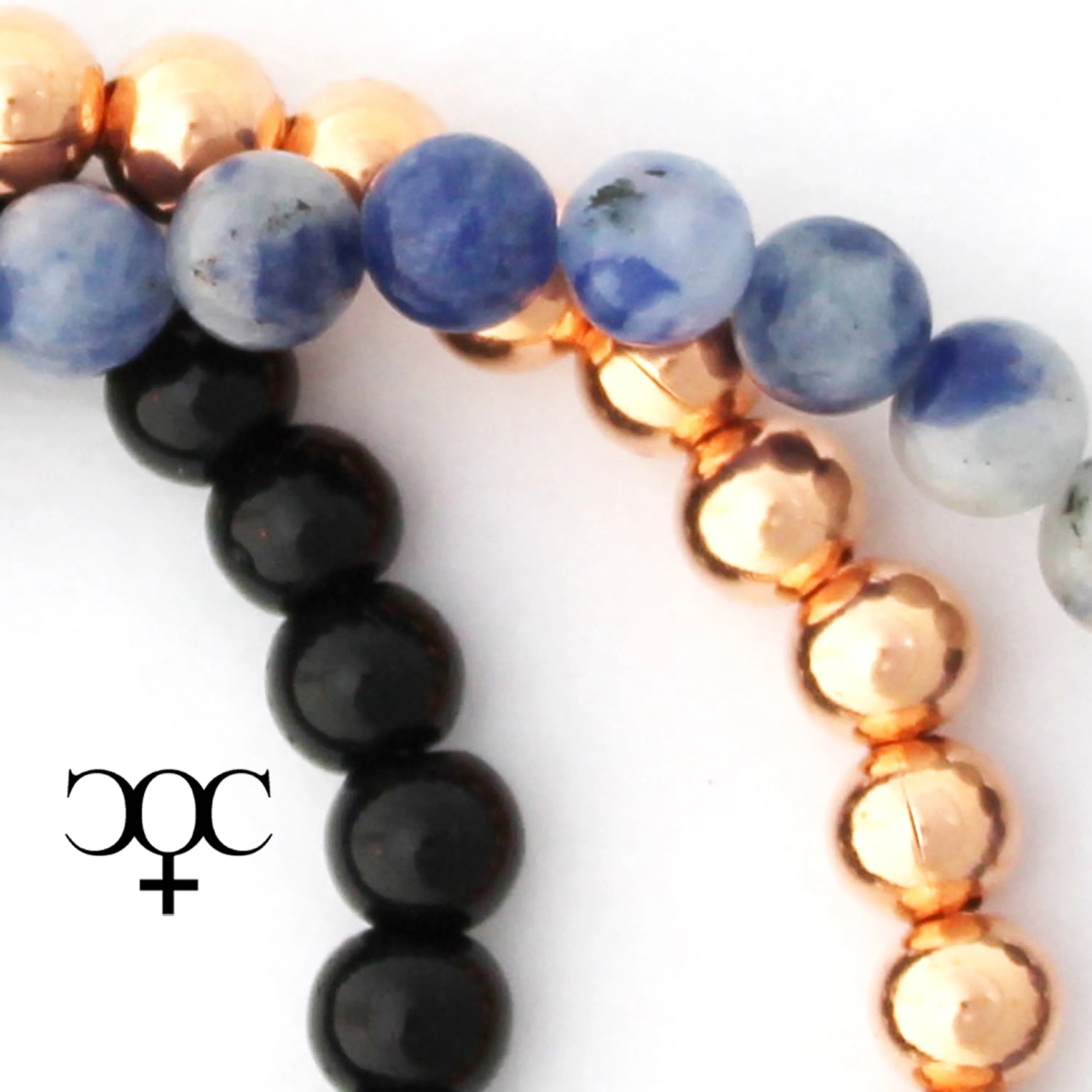 Blue Spot Jasper Copper Bracelet Set Round Beaded Elastic Black Agate Copper Bracelets 3 Piece Set