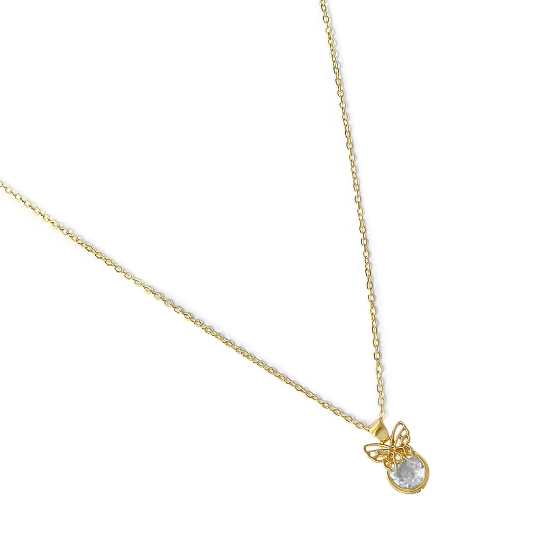 Butterfly Pendant Necklace with Circular Diamante Stud Gold-Toned Mini Pendant Necklace