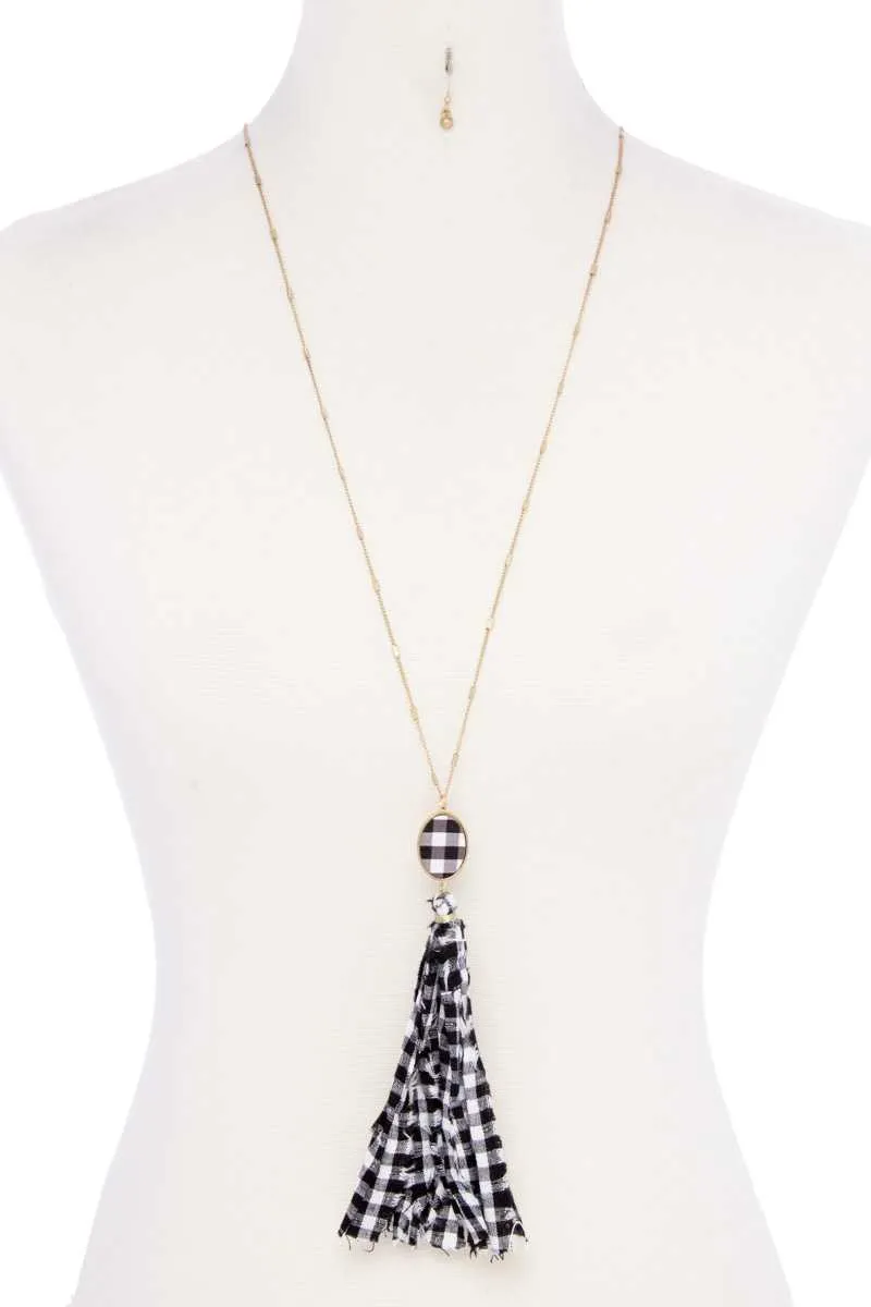 Checkered Pattern Fabric Tassel Necklace