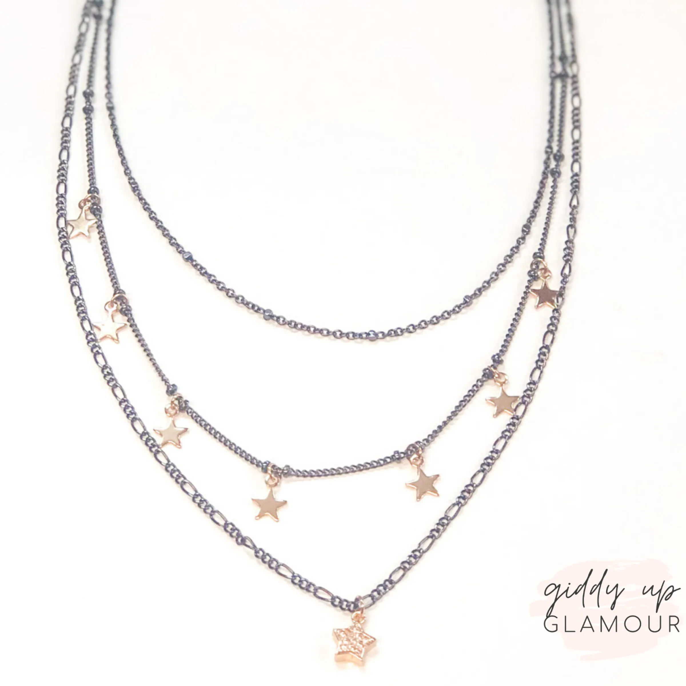 Cosmic Vibes Three Strand Necklace with Stars in Gunmetal and Gold