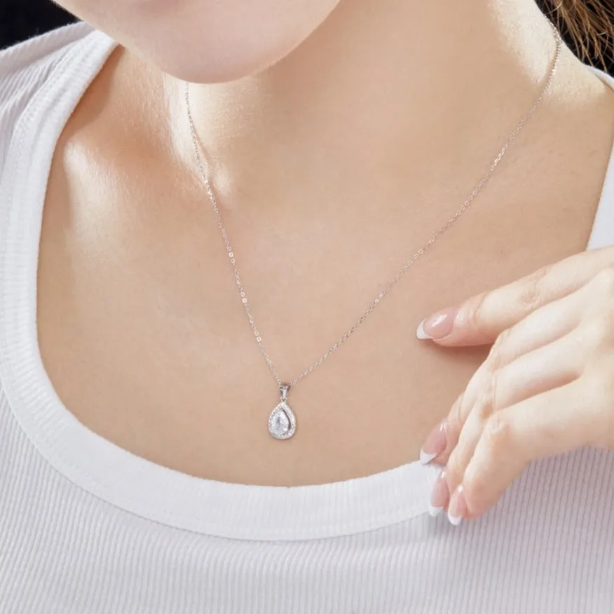 Cubic Zirconia Pear Halo Pendant Necklace