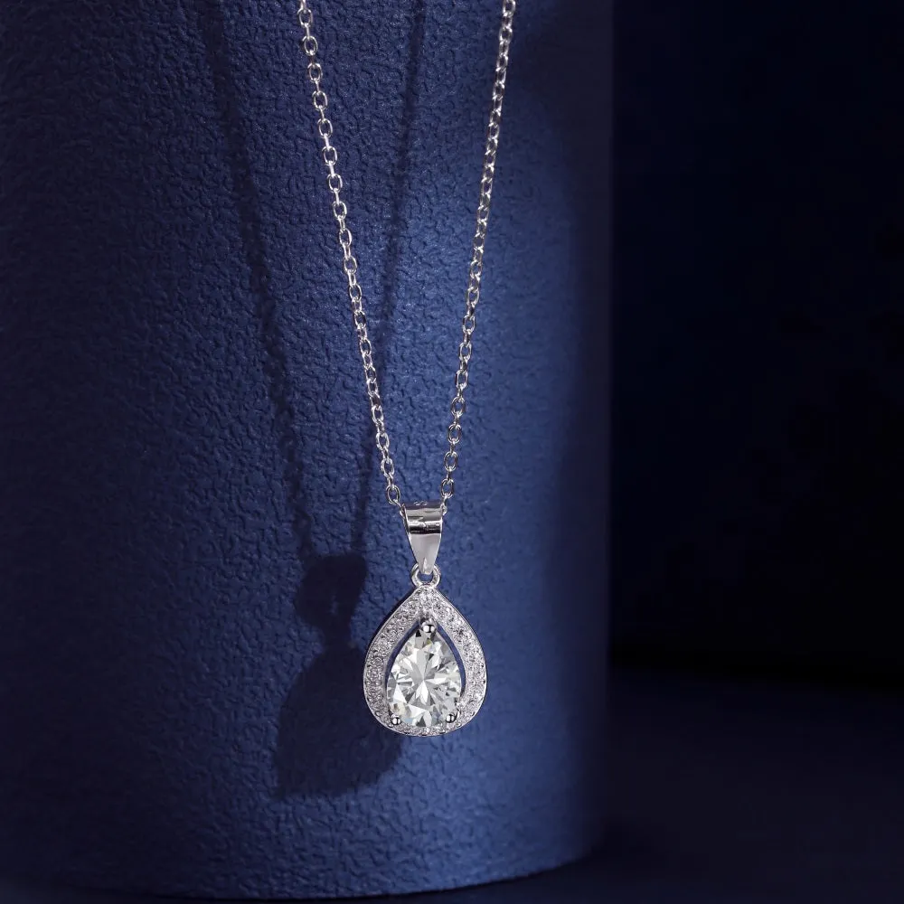 Cubic Zirconia Pear Halo Pendant Necklace