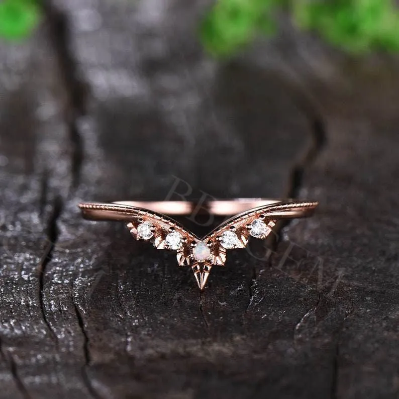 Dainty Curved Moissanite Opal Wedding Band Rose Gold Matching Band