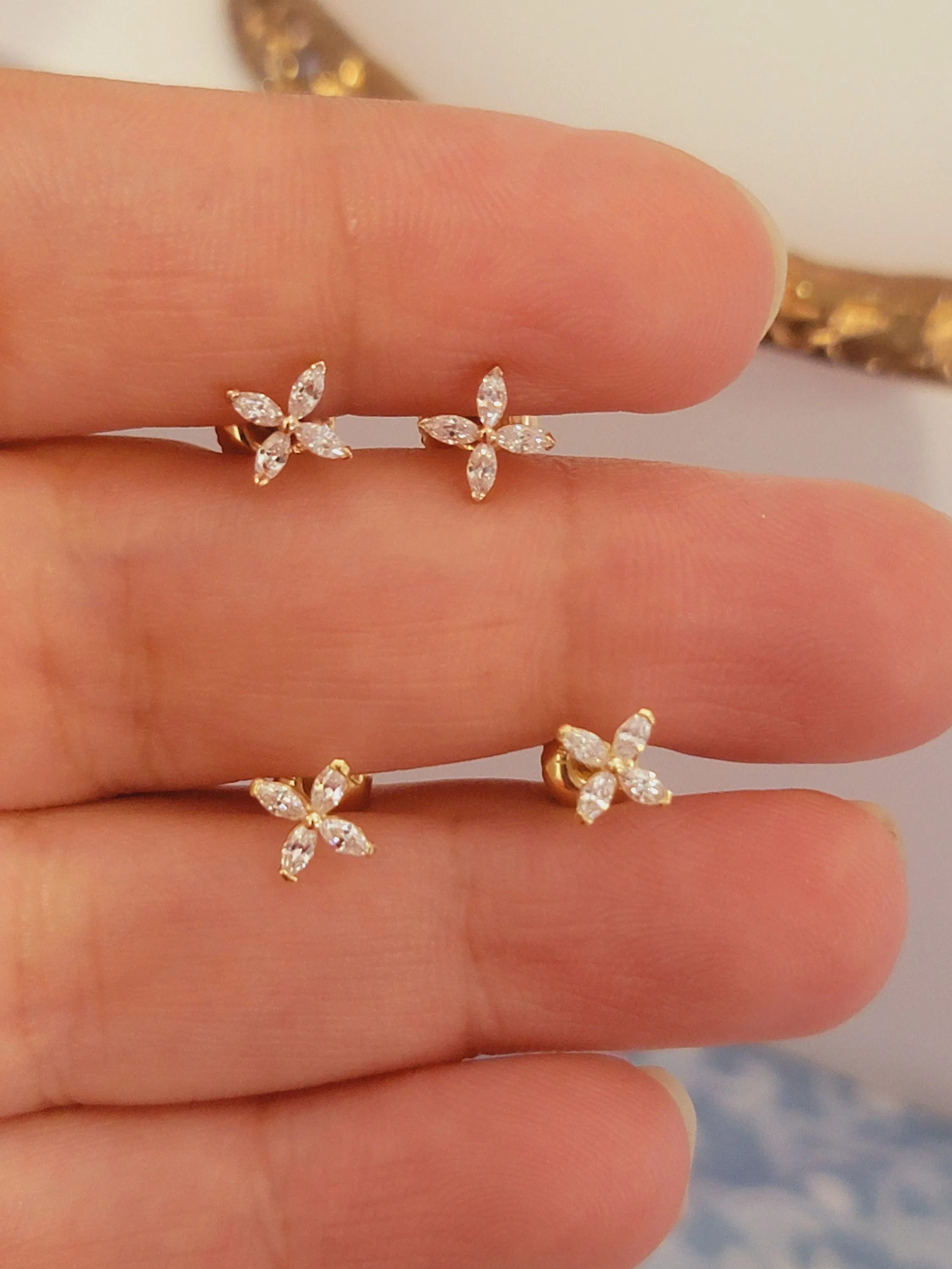 Diamond Earrings, 14k Gold Earrings, Minimalist Earrings, Marquise Earrings, Studs Earrings, Tiny Studs Earrings, Flower Earrings, Gift