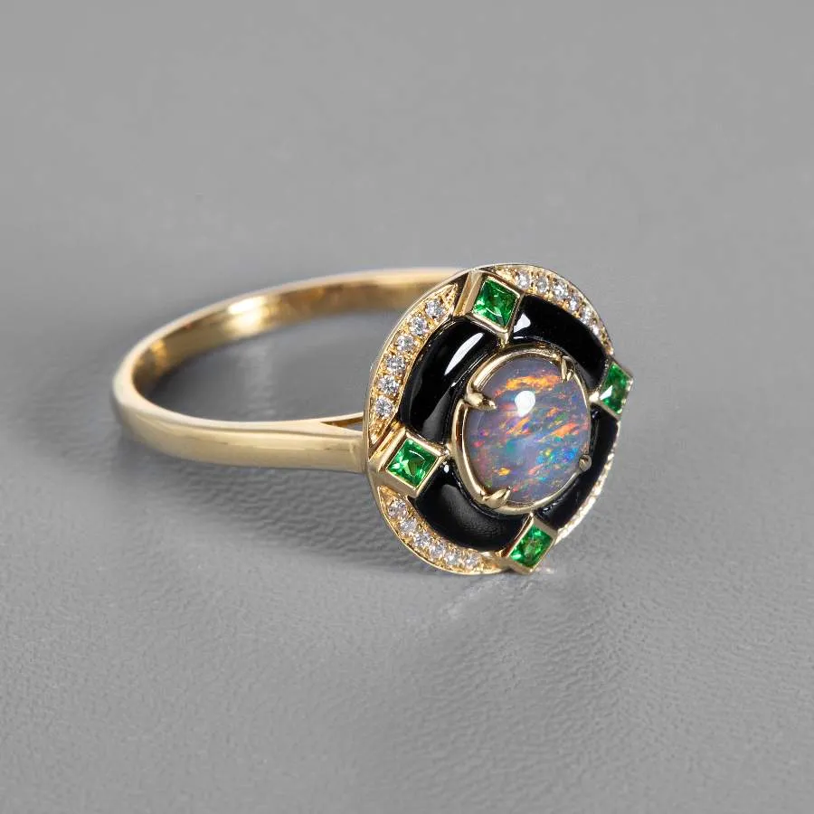 Elegant Black Opal, Diamond & Tsavorite Engagement Ring 18K Yellow Gold