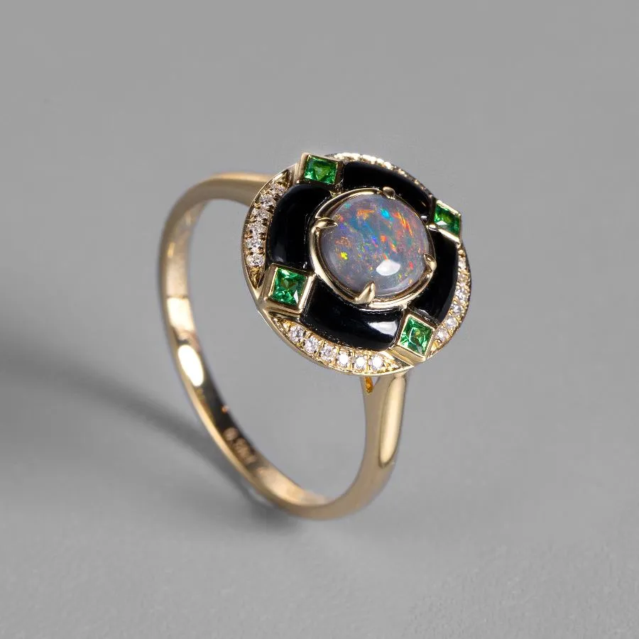 Elegant Black Opal, Diamond & Tsavorite Engagement Ring 18K Yellow Gold