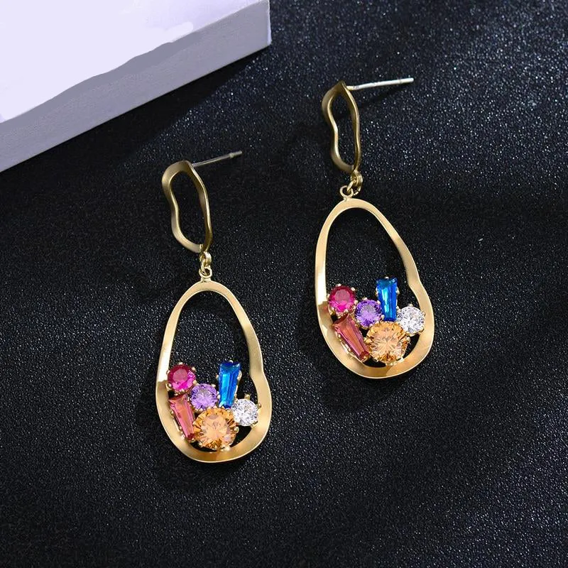 European Geometric Dangle Earrings Copper Crystals Woman Earring