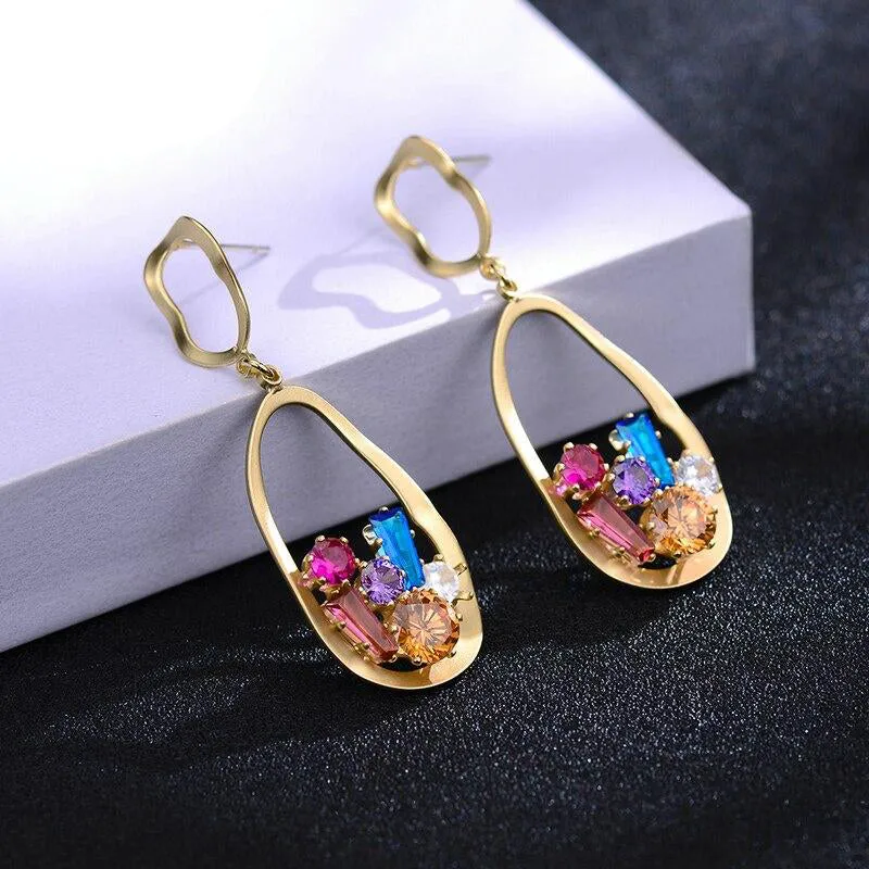 European Geometric Dangle Earrings Copper Crystals Woman Earring